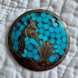 Vintage Stamped Sterling 925 Silver Turquoise Pendant Brooch Pin Mexican